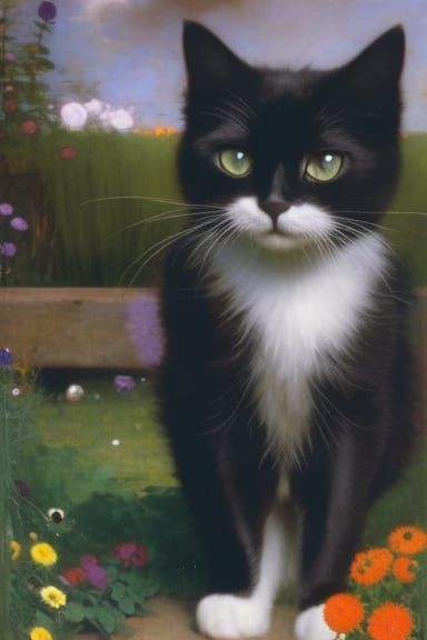 Black Cat in Colorful Garden, Waterhouse Style
