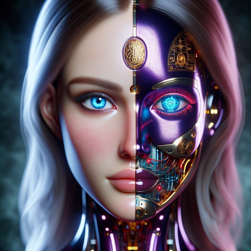 Half Human, Half Robot Portrait in Cyberpunk Style