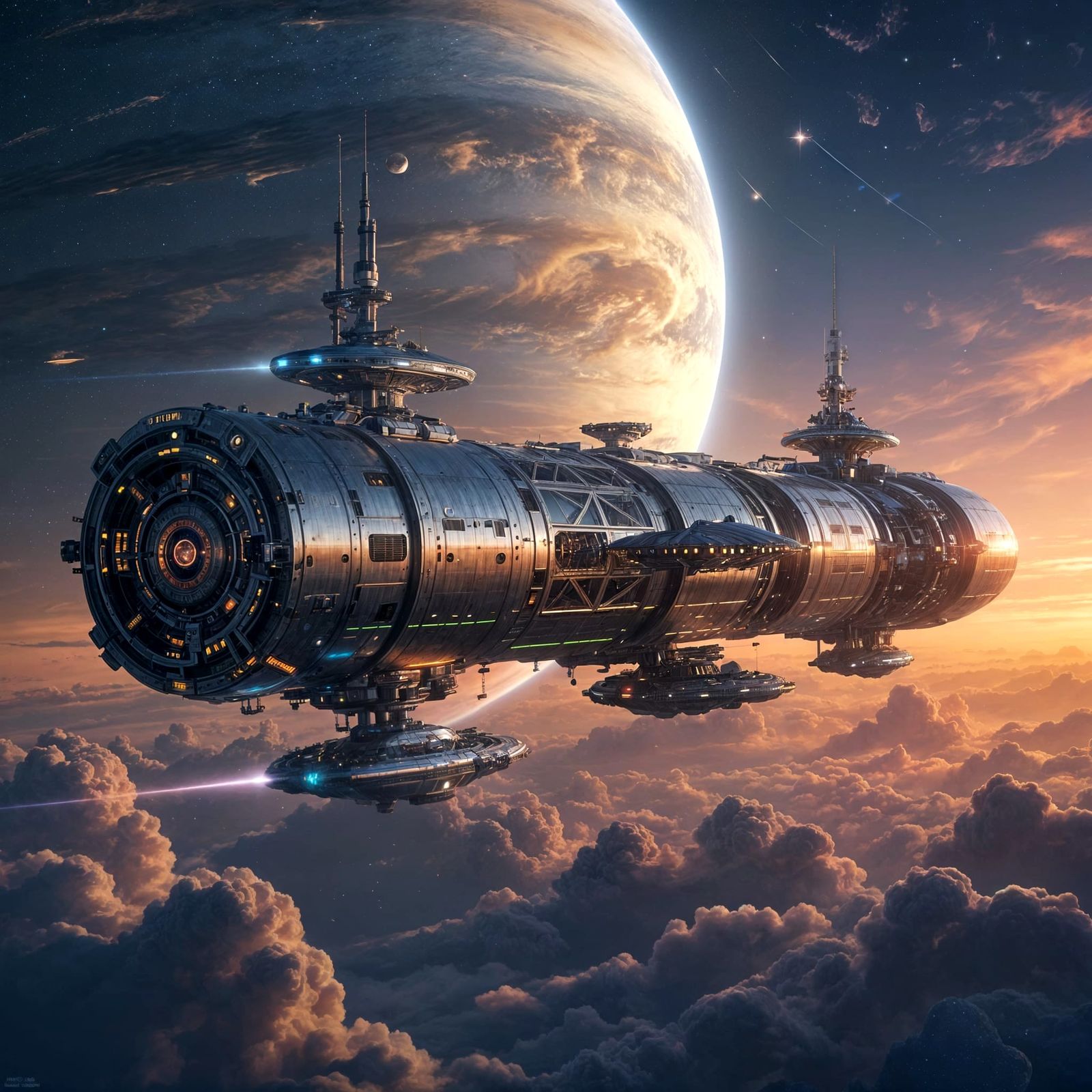 Chrome Space Station Orbiting Gas Giant: Digital Matte Paint...