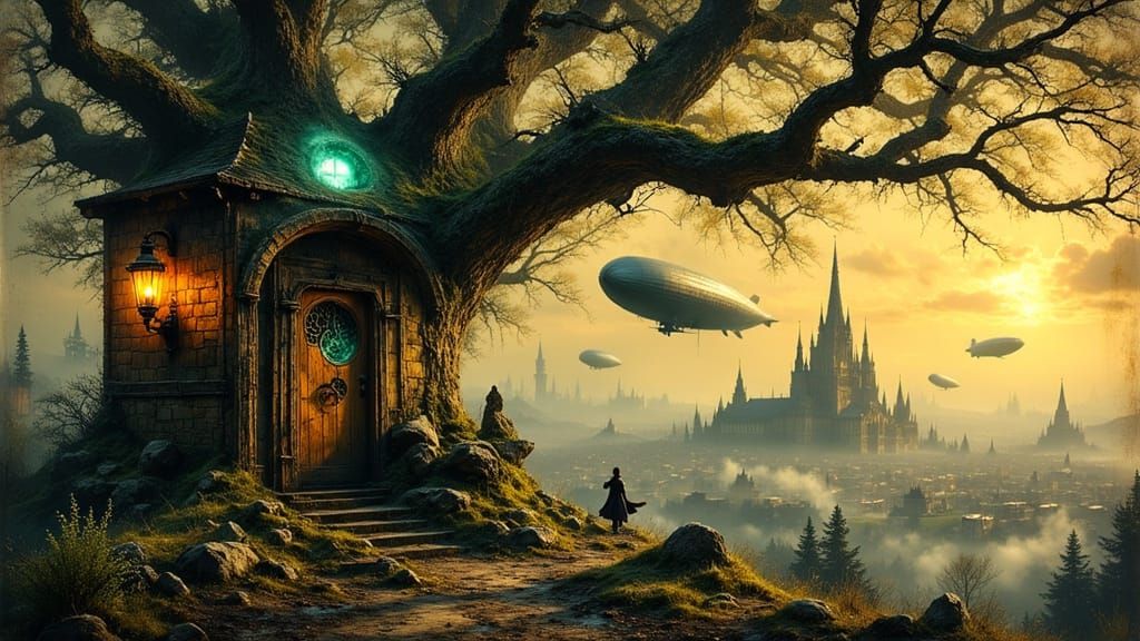 Steampunk Treehouse in Gnarled, Ancient Tree