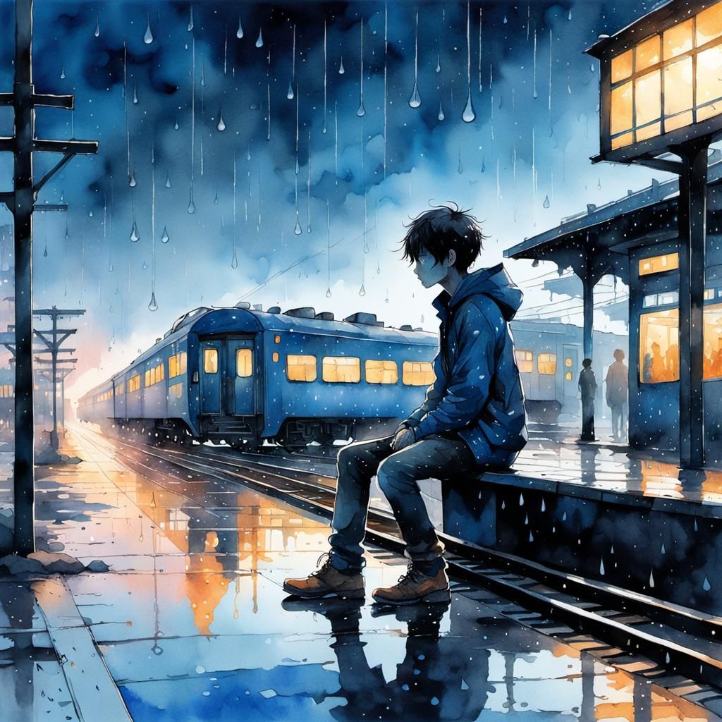 Sad Boy at Train Station in Watercolor Sunset