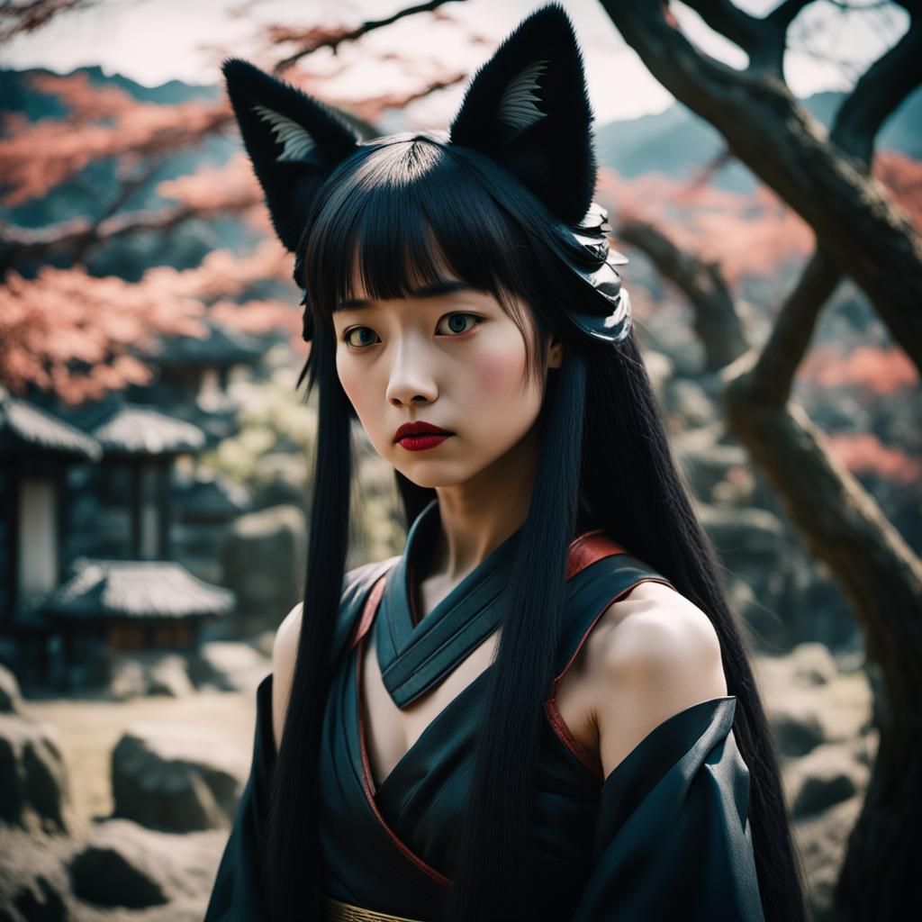 Dramatic Black Kitsune Princess in Cinematic Style