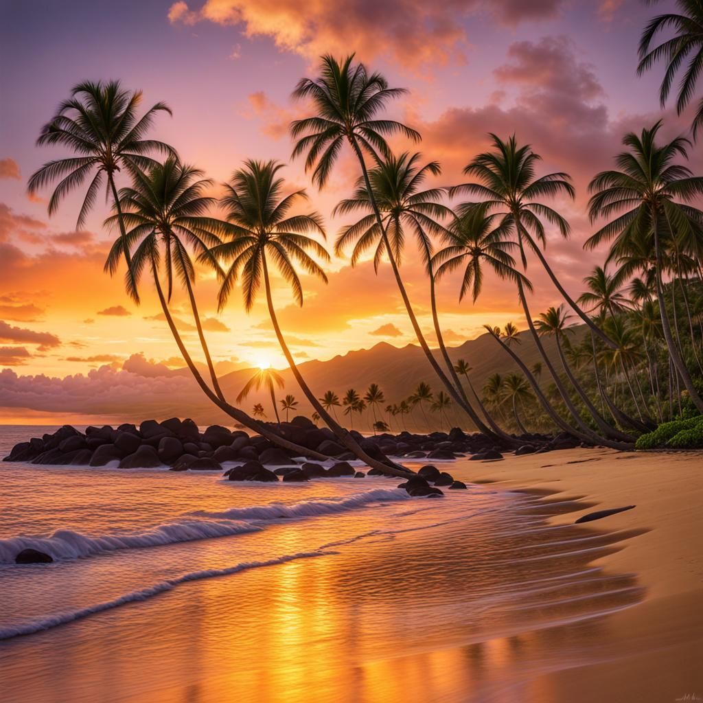 tropical sunset in Hawaii, casting a warm golden light over ...