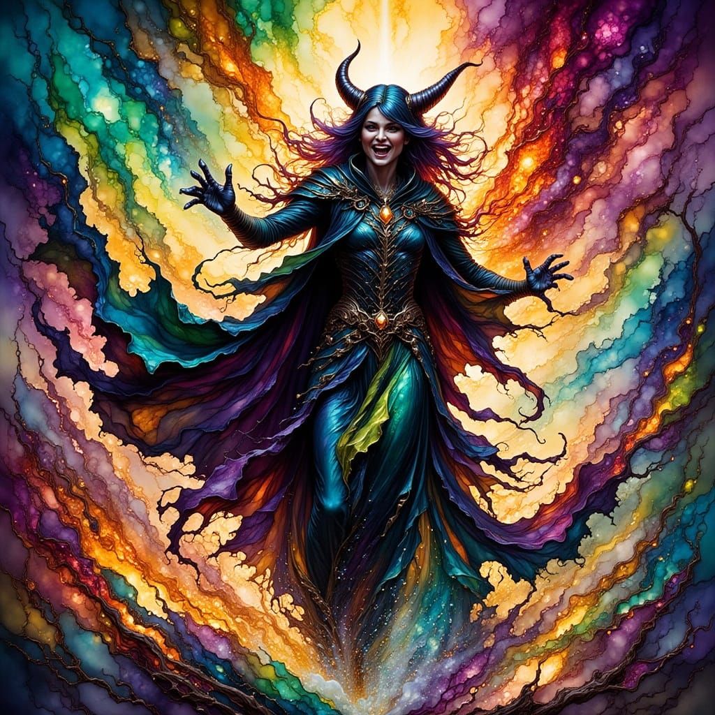 Witch of Dragyl in Alcohol-Ink Fantasy Scene