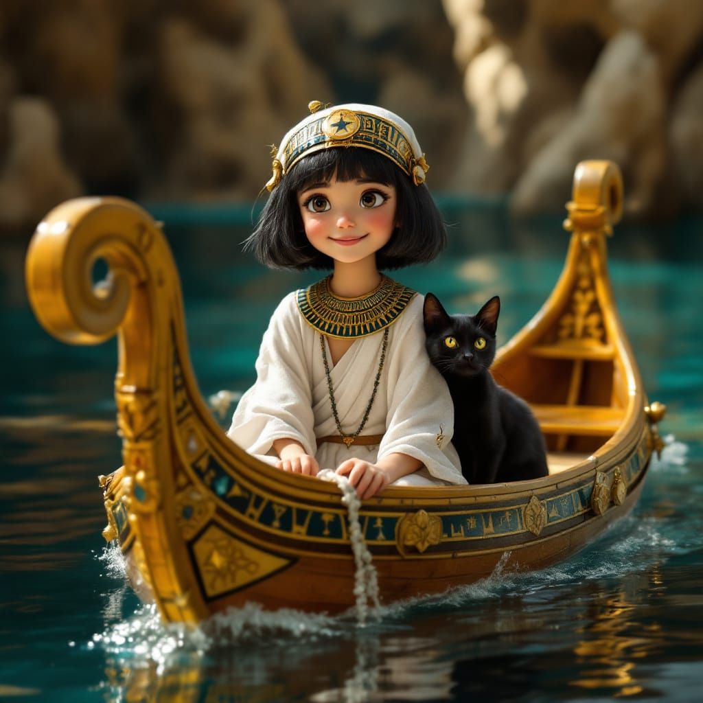 Girl in Egyptian Boat with Cat, Dreamy Atmosphere