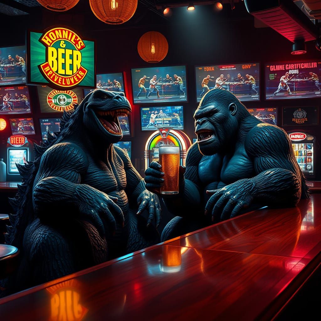 Cosmic Giants Enjoy Beer and Boxing in a Neon-Lit Sports Bar