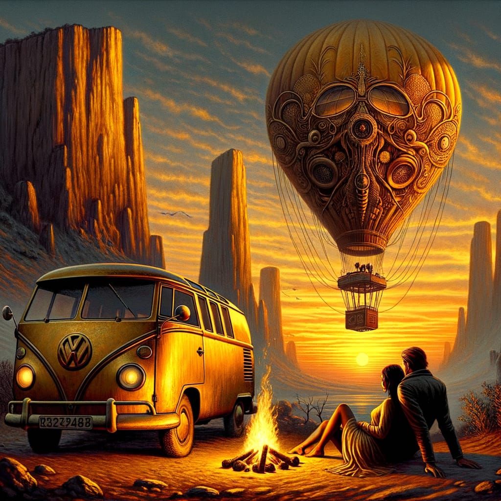Couple Relaxing by Fire with Vintage Van at Sunset