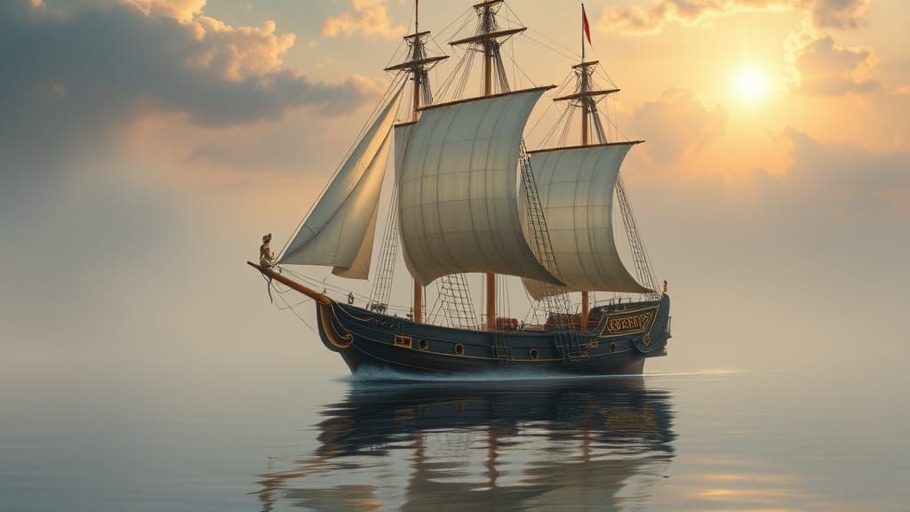 Ethereal Renaissance Fantasy Ship Sails Across a Calm Golden...