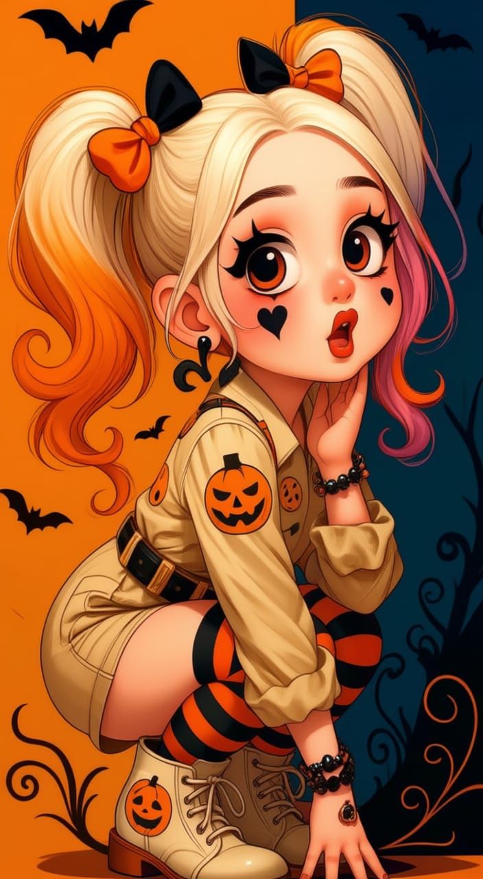 Cute Chibi Girl in Halloween Style Digital Painting