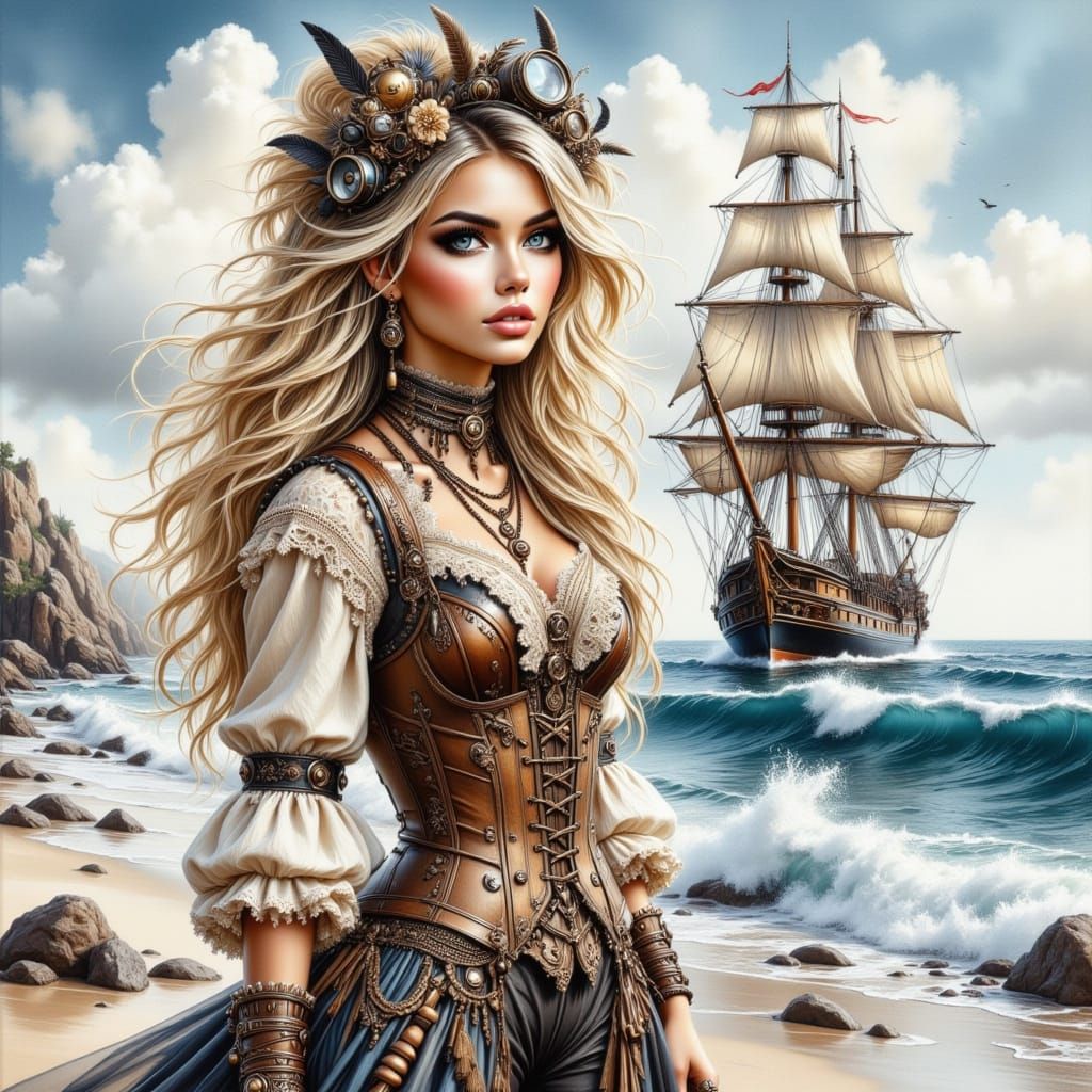 Steampunk Girl on Ocean Shore with Sailing Ship