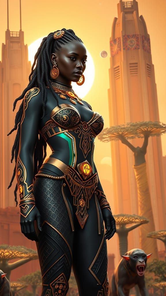 Futuristic African Queen in Biomechanical Armor