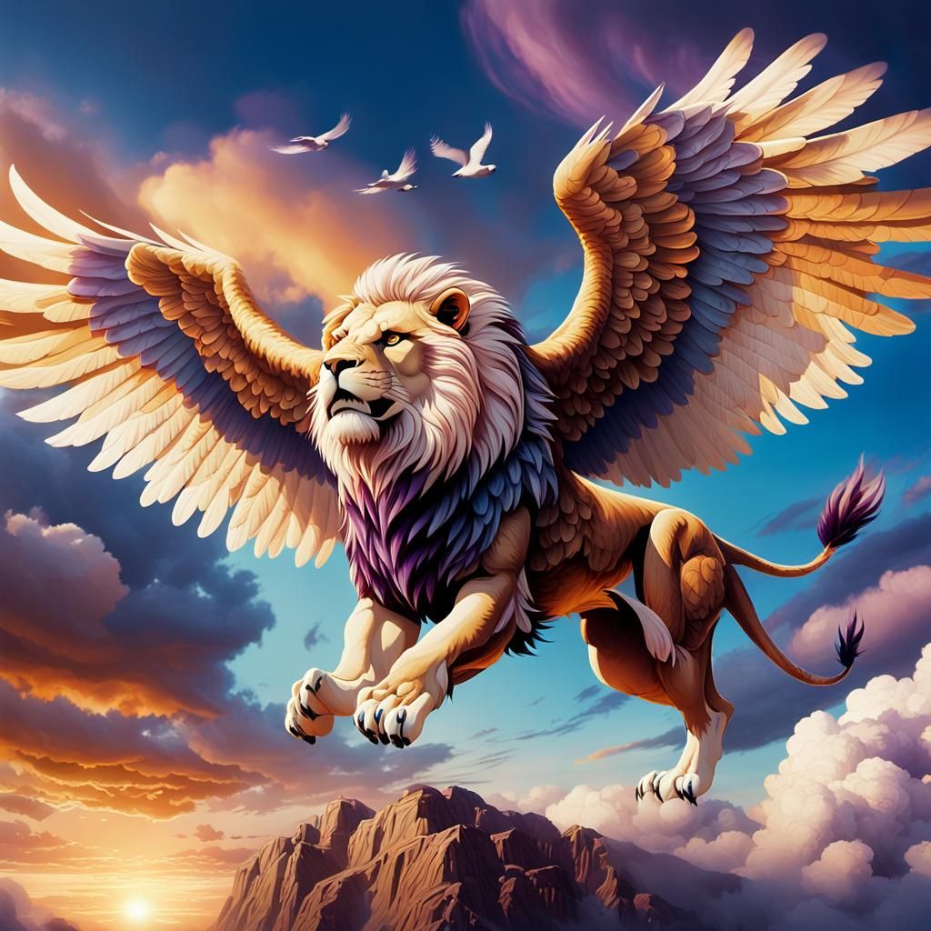 Winged Lion Soaring at Sunset: Cinematic Still