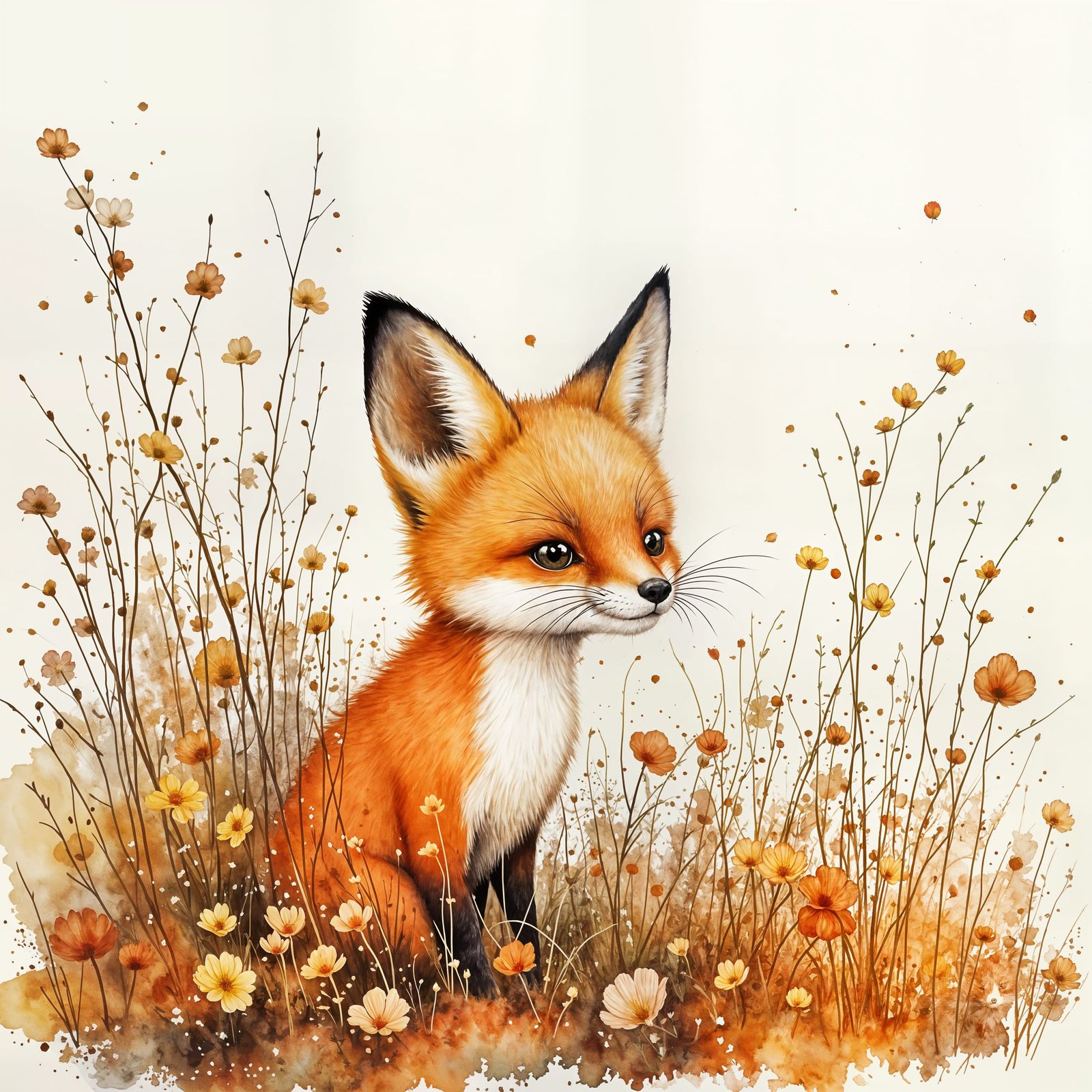 Young Fox Hiding in Wildflowers During Autumn