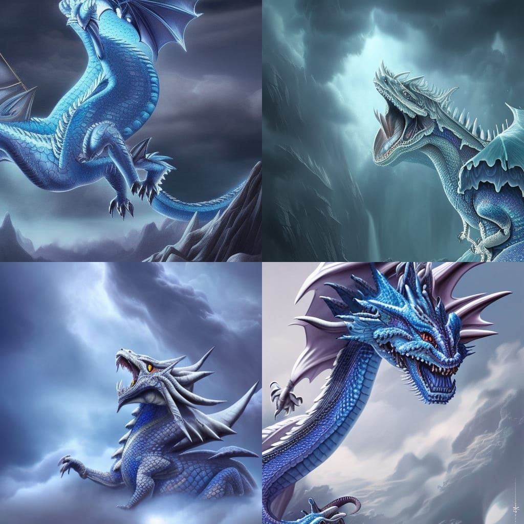 Whimsical periwinkle dragon with pearlescent White highlights and icy blue eyes