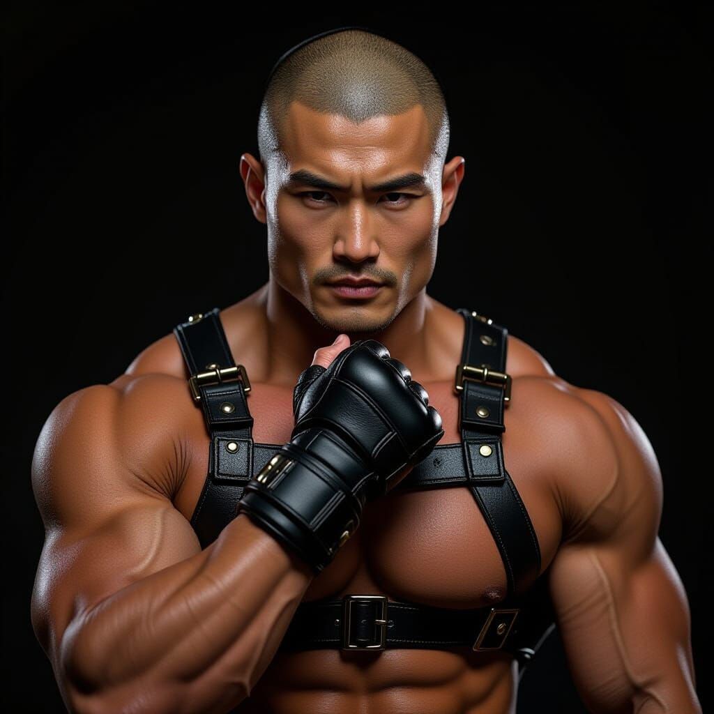 Muscular Asian Bodybuilder in Harness Staring Intently