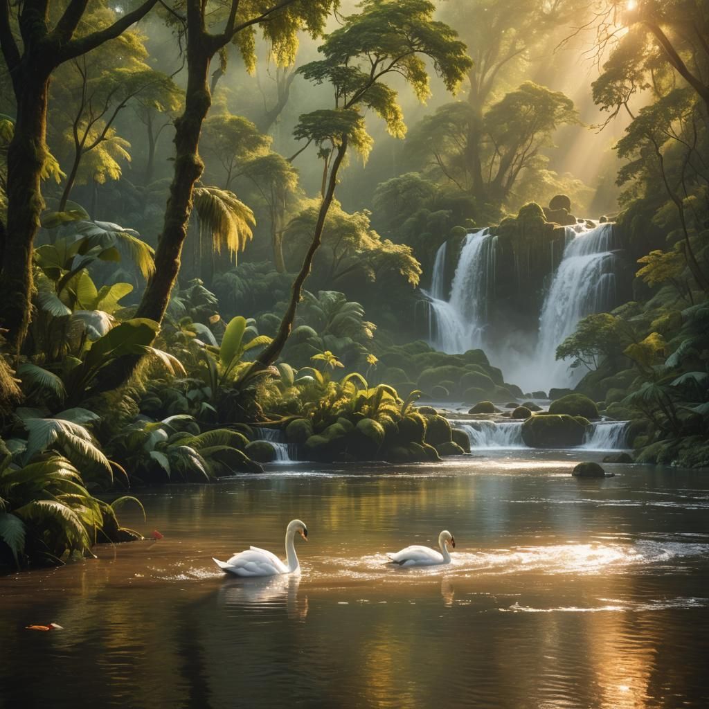 Lush Rainforest: Swans Flowing to Waterfall