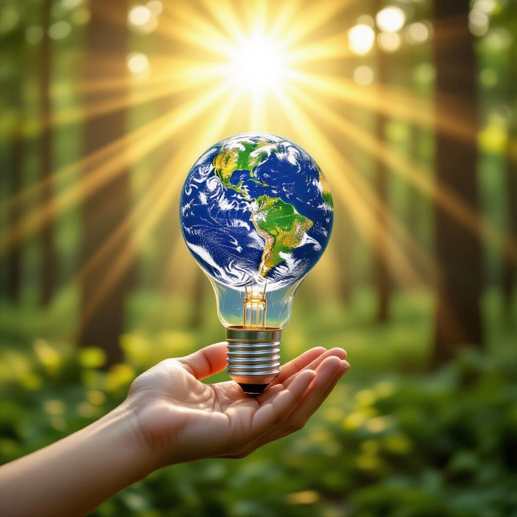 Hand Holding Earth Globe Lightbulb in Forest