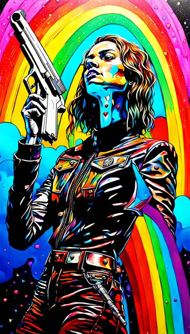 Woman Vigilante with Rainbow in Dark Academia Style