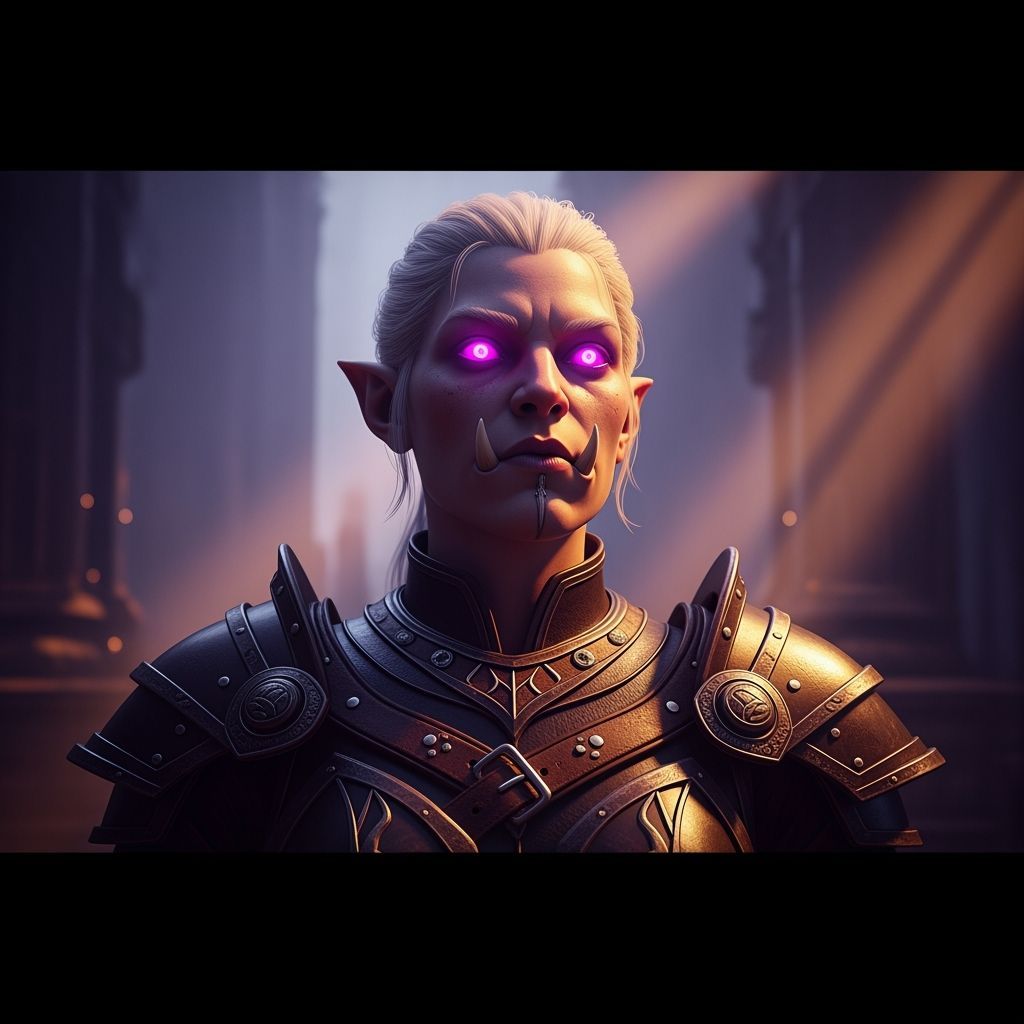 Cinematic Portrait of a Glowing Pink-Eyed Half-Orc Giant