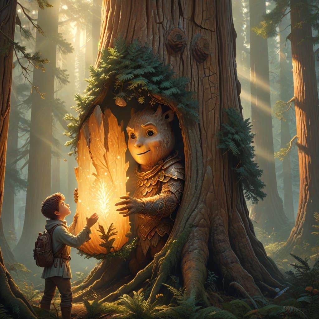 Mischievous Acorn Person with Glowing Scroll