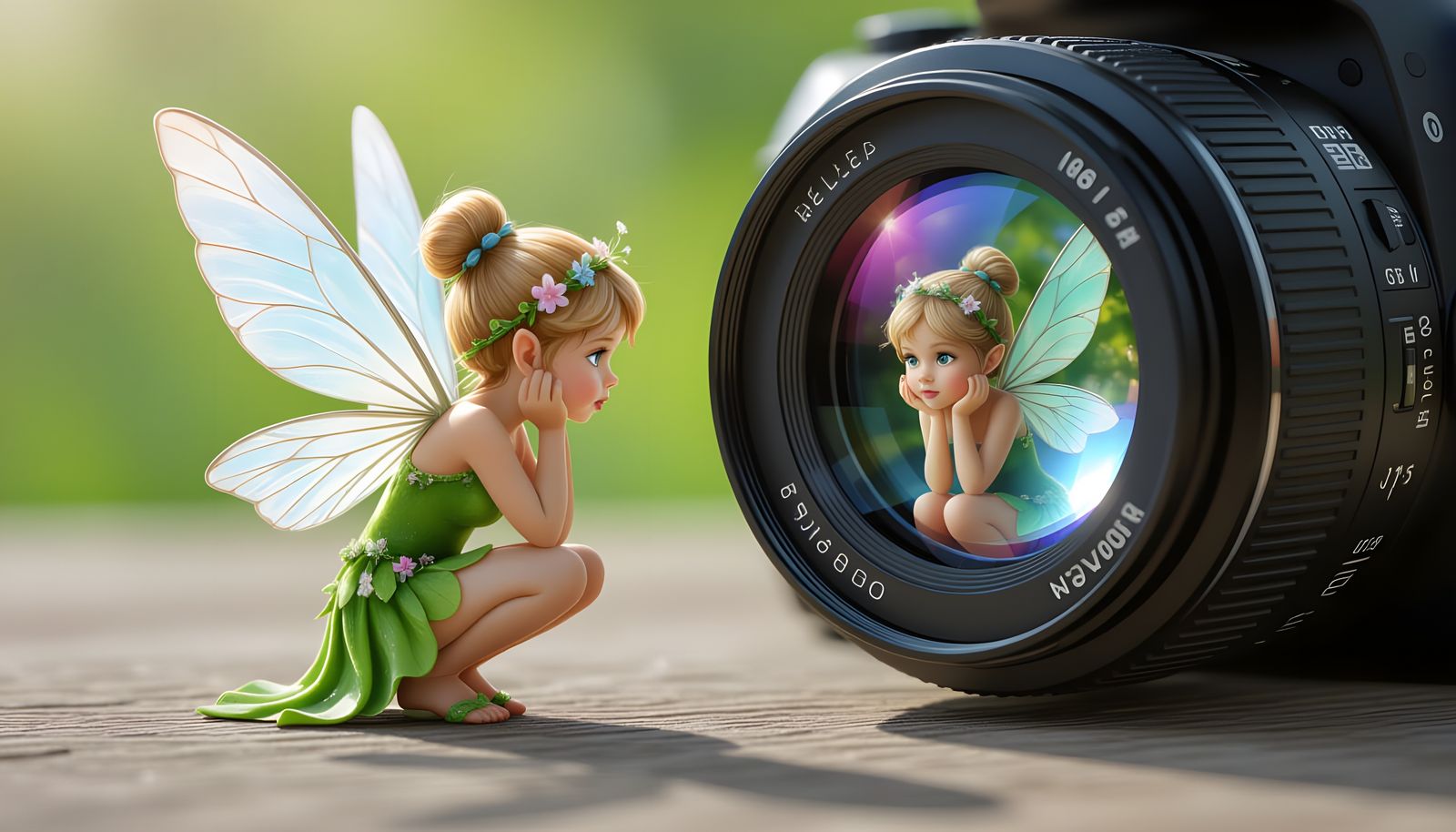 Tiny Fairy Gazing into Camera Lens Reflection