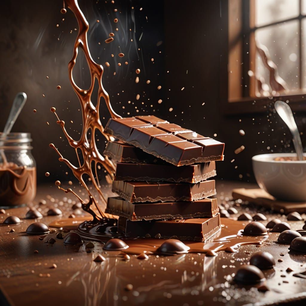 Hyperrealistic Chocolate Bar Floating with Cocoa Beans