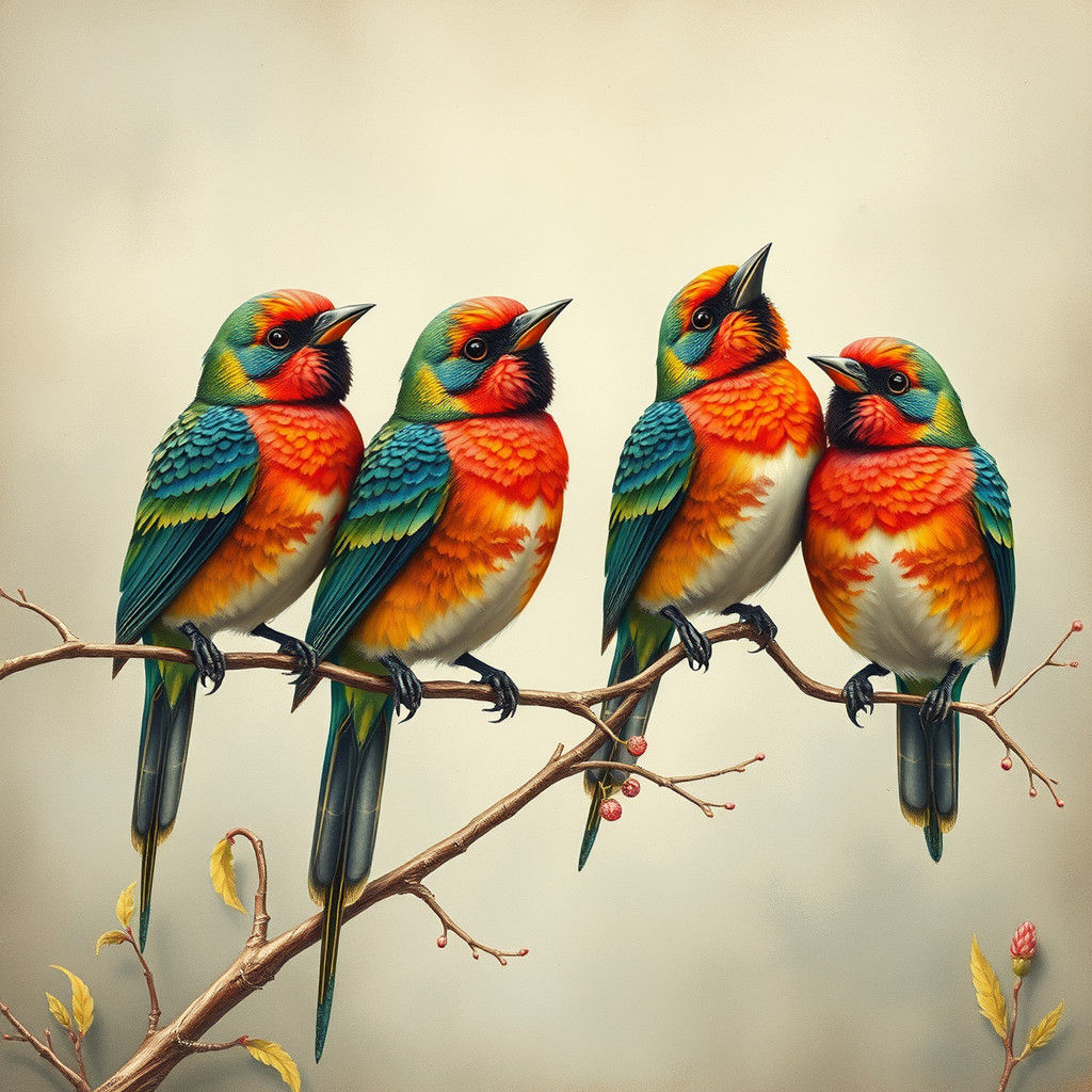 Vibrant Songbirds Perched in Whimsical Paradise
