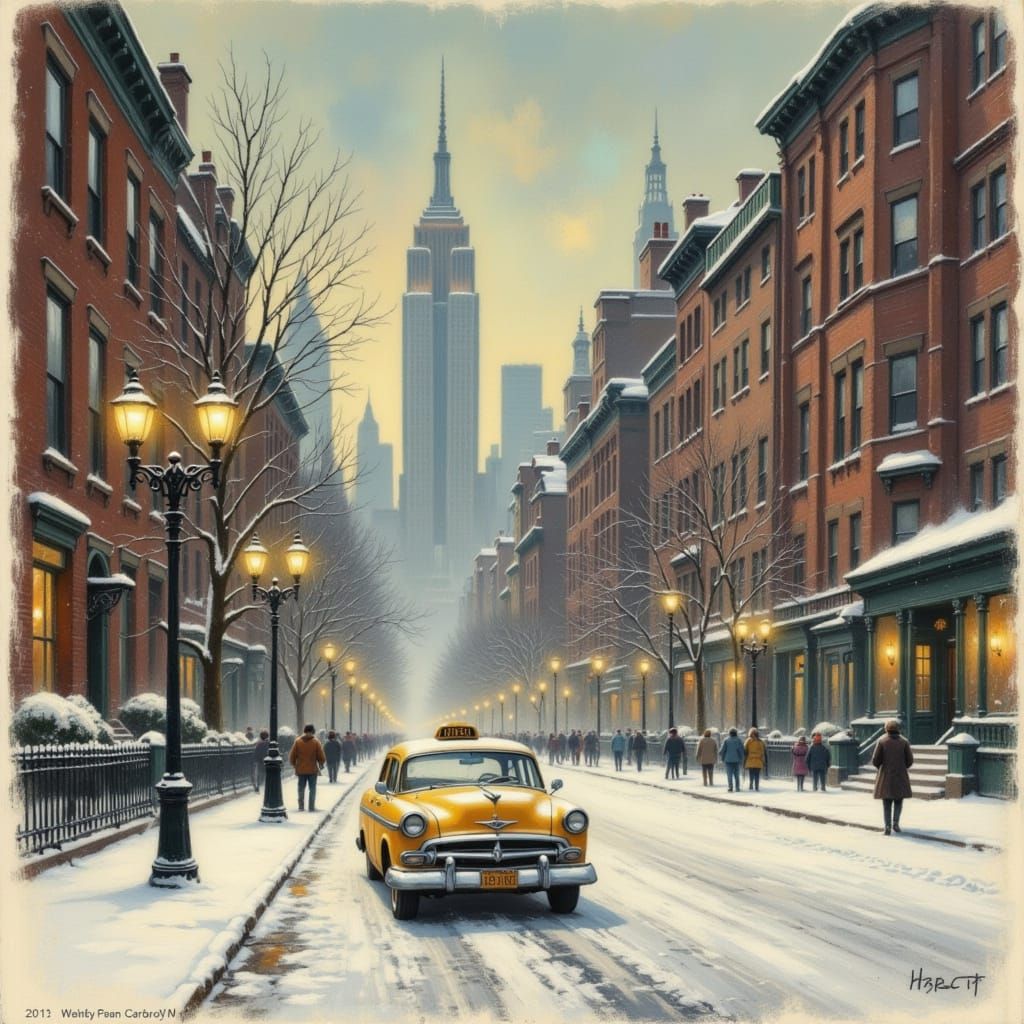 Vintage NYC Winter Travel Poster with Yellow Taxi