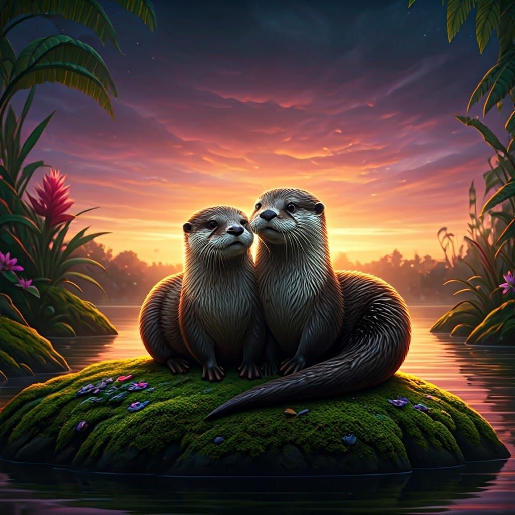 Otters Basking in Whimsical Sunset