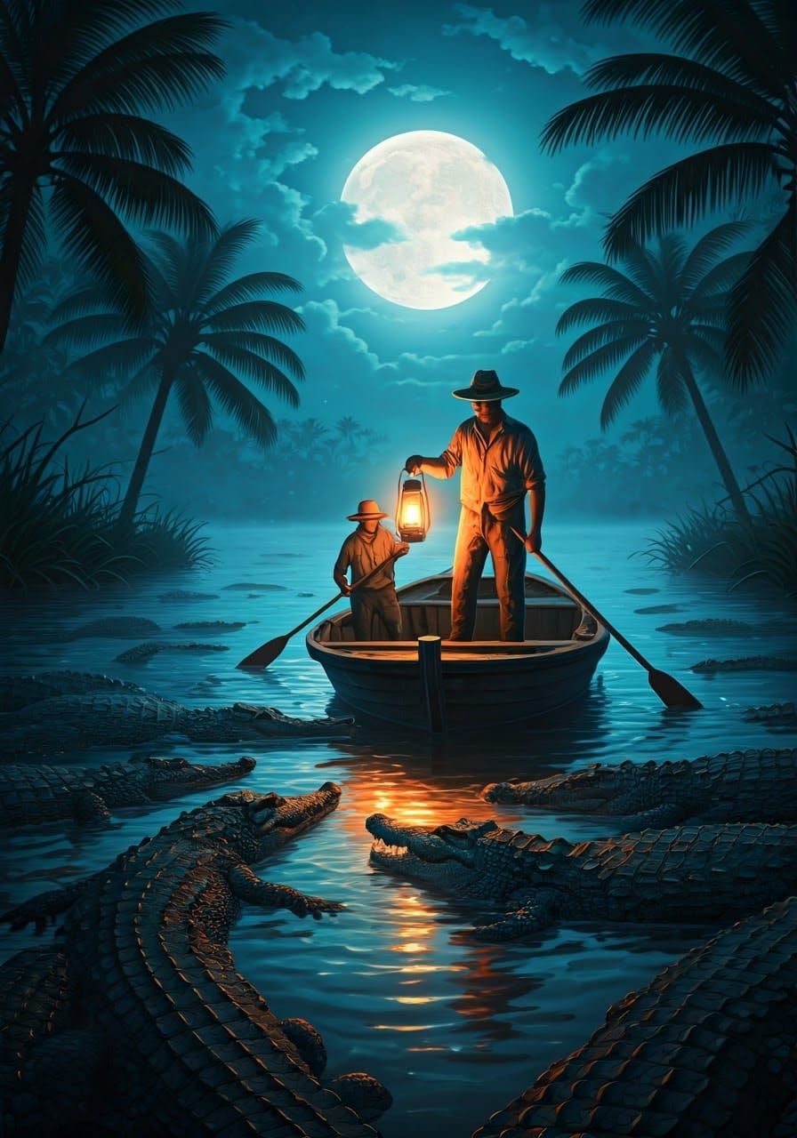 Moonlit Crocodile Hunters Navigate the Mystical River Under ...