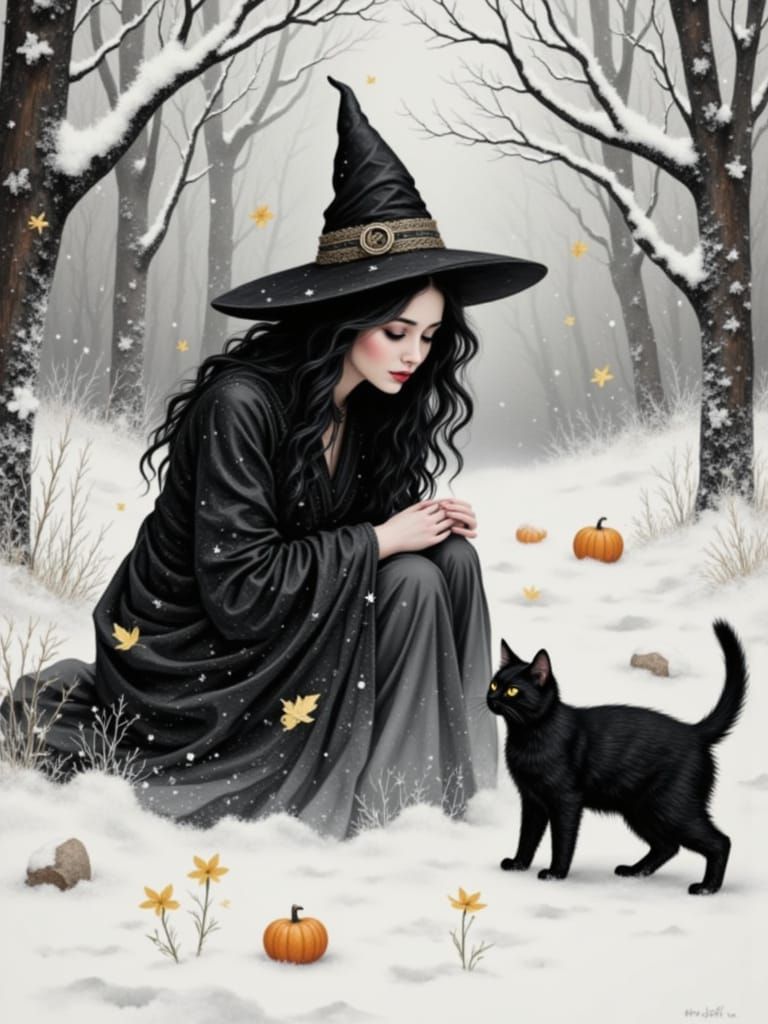 Witch and Black Cat in Snowy Winter Forest