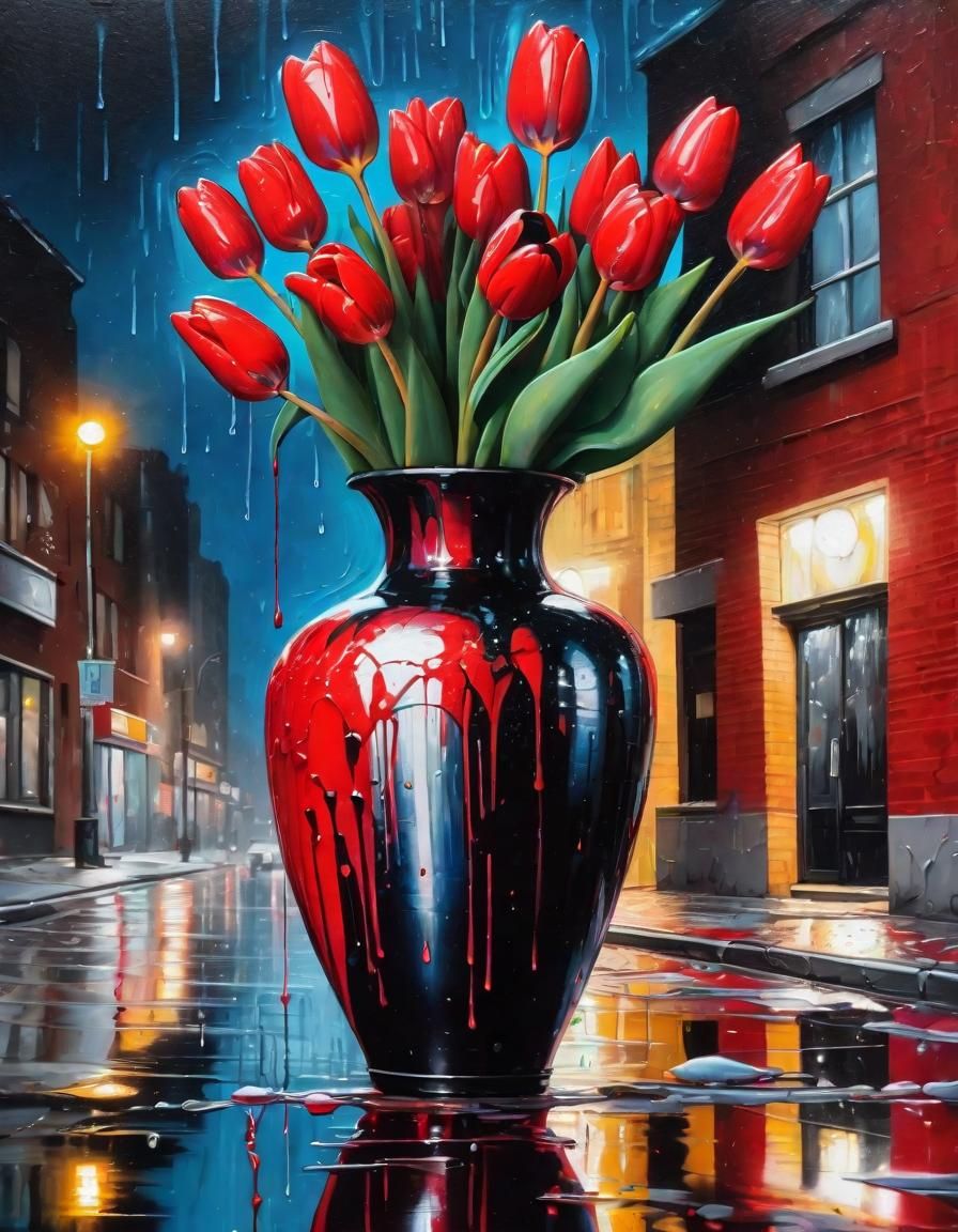 Tulips in Pearlescent Vase: Oil Painting on Street