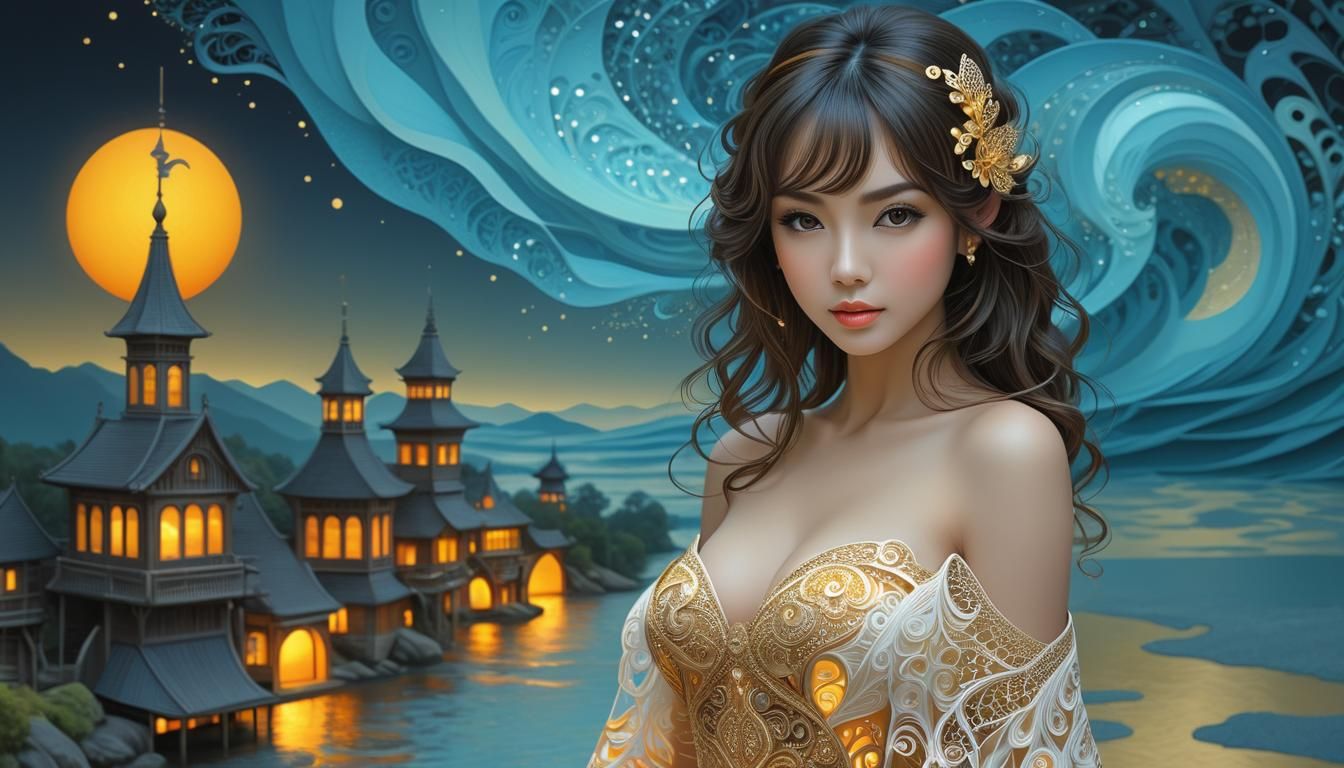 Riverside Sunset in Zentangle Style with Luminous Dress