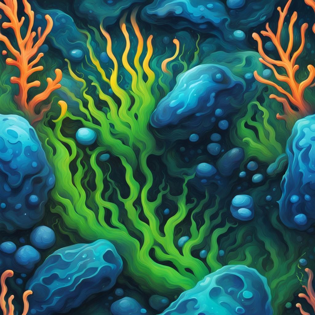 Glowing Blue Seaweed Graffiti Art at Ocean Bottom