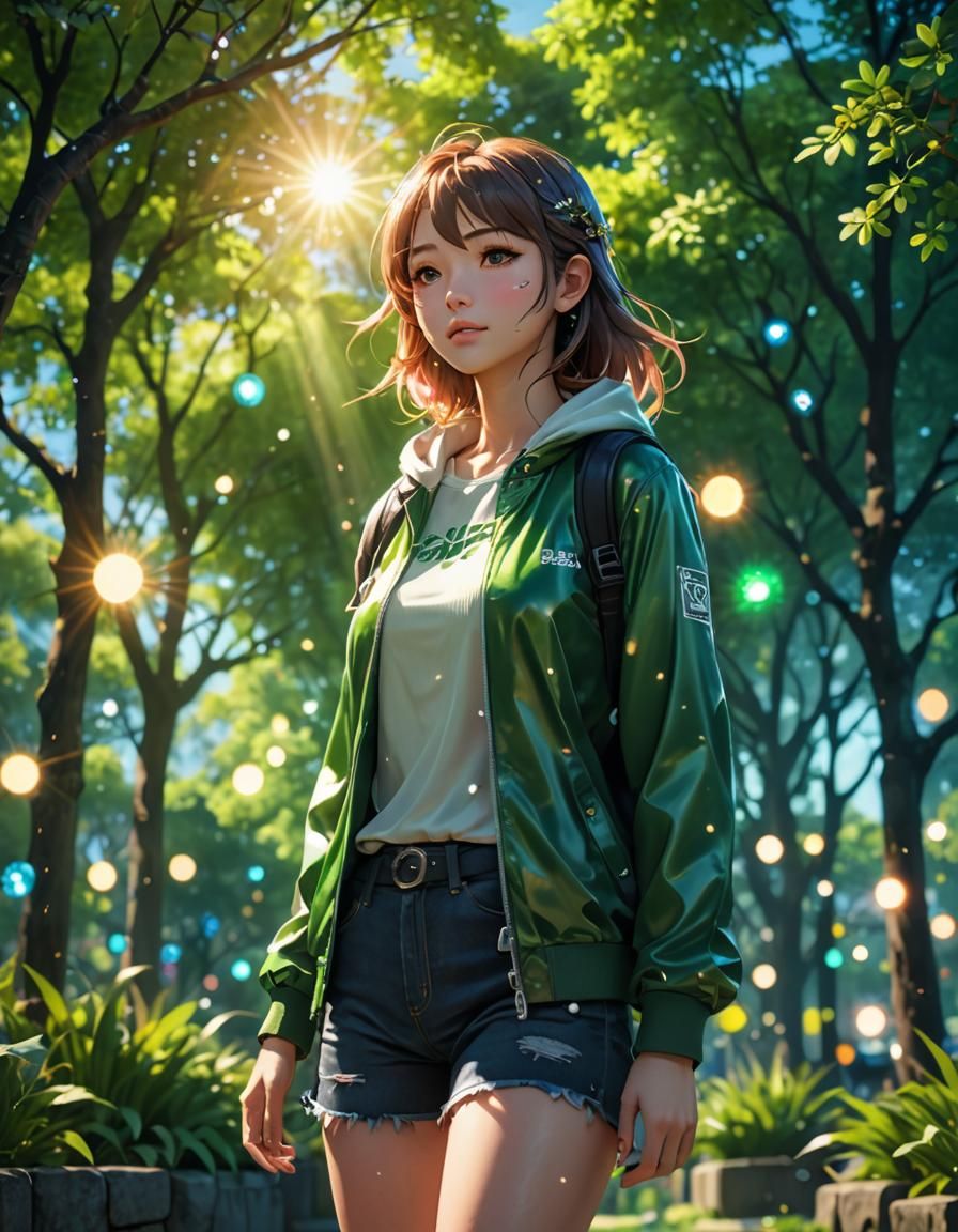 Anime Woman in Green Hour with Bokeh Effect