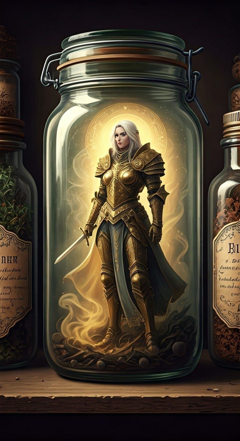 Aasimar Paladin Trapped in Mason Jar, Industrial Fantasy