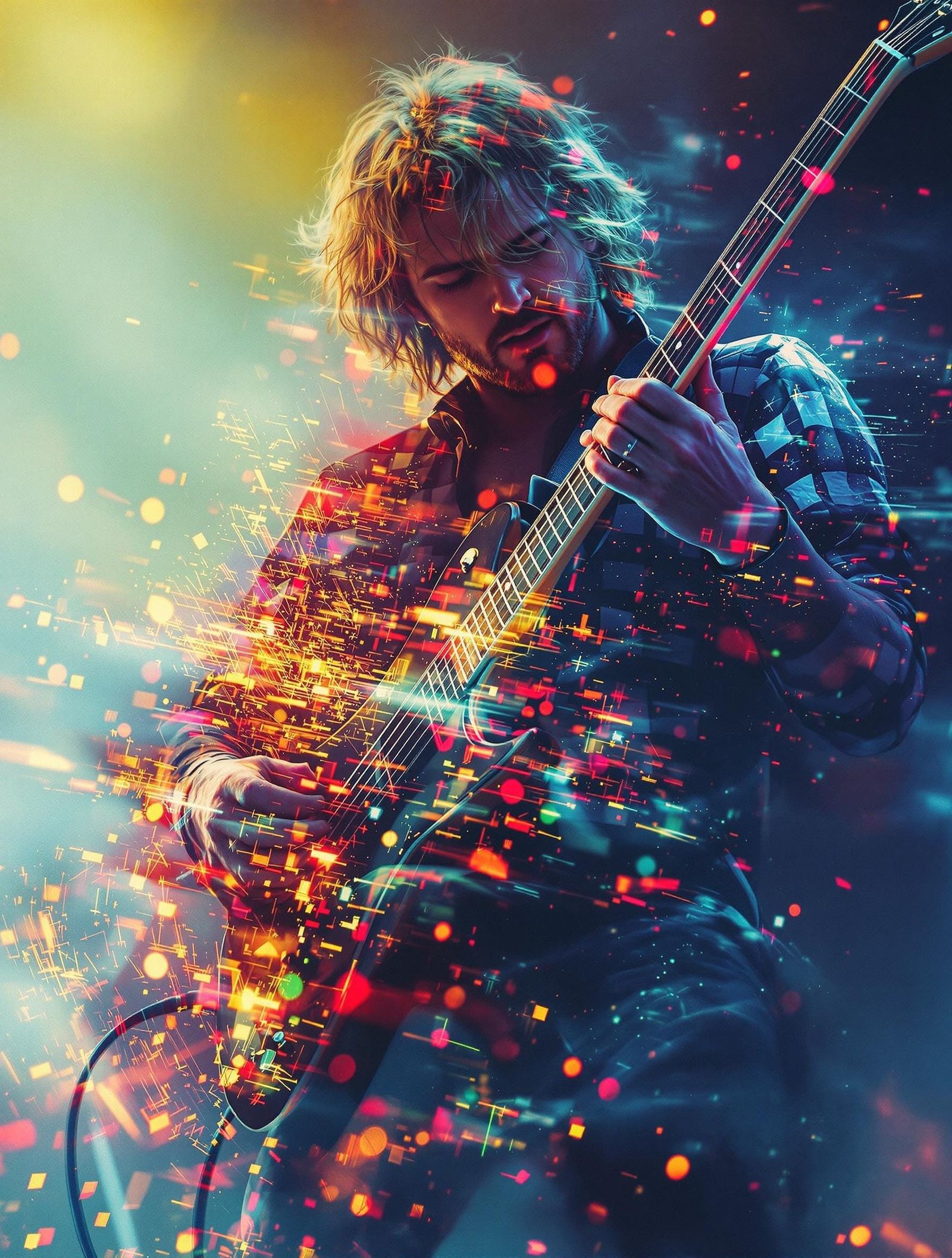 Vibrant Gingham Guitar Rockstar in Cinematic Film Still