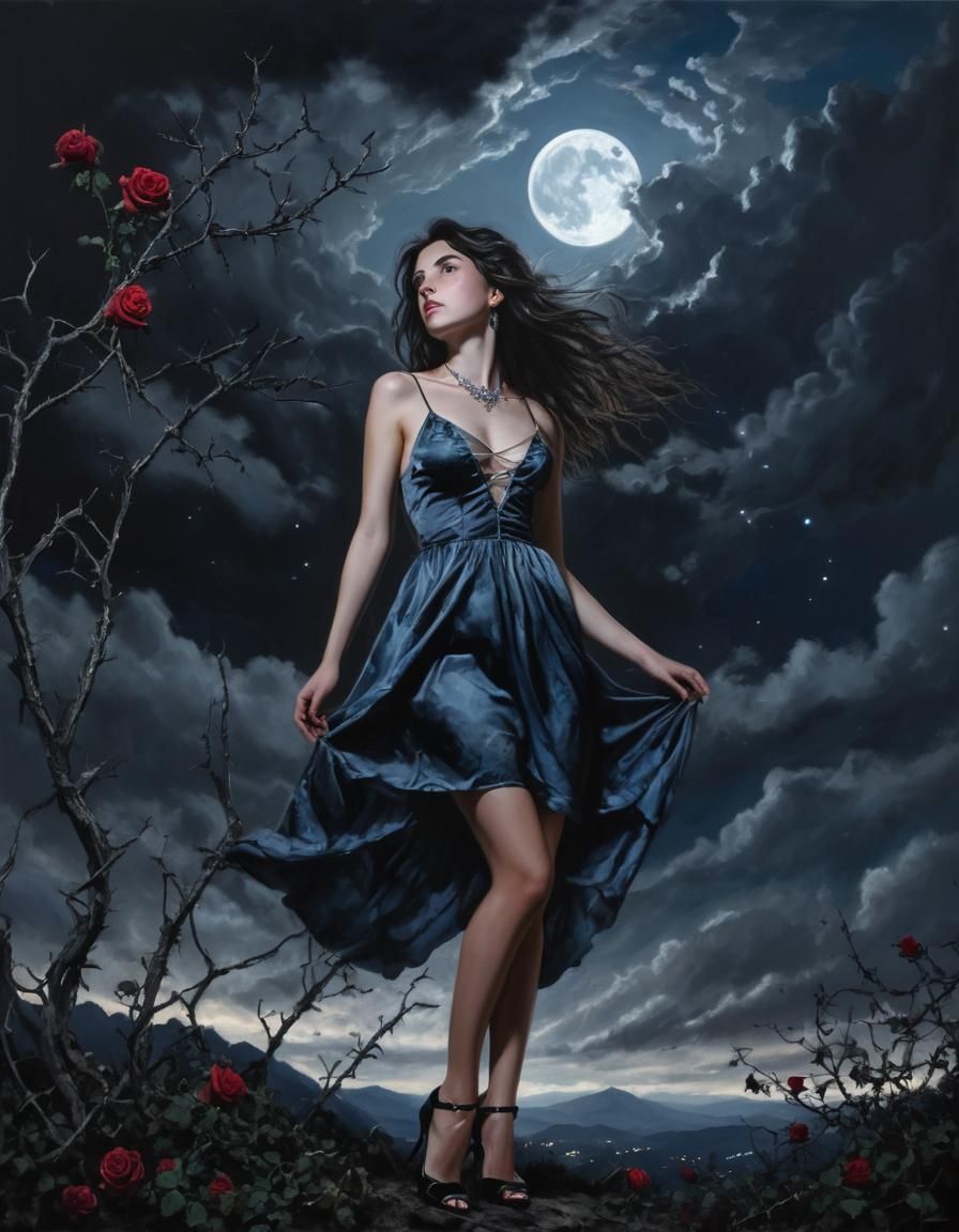 Ethereal Portrait of Woman Under Moonlight in Oil