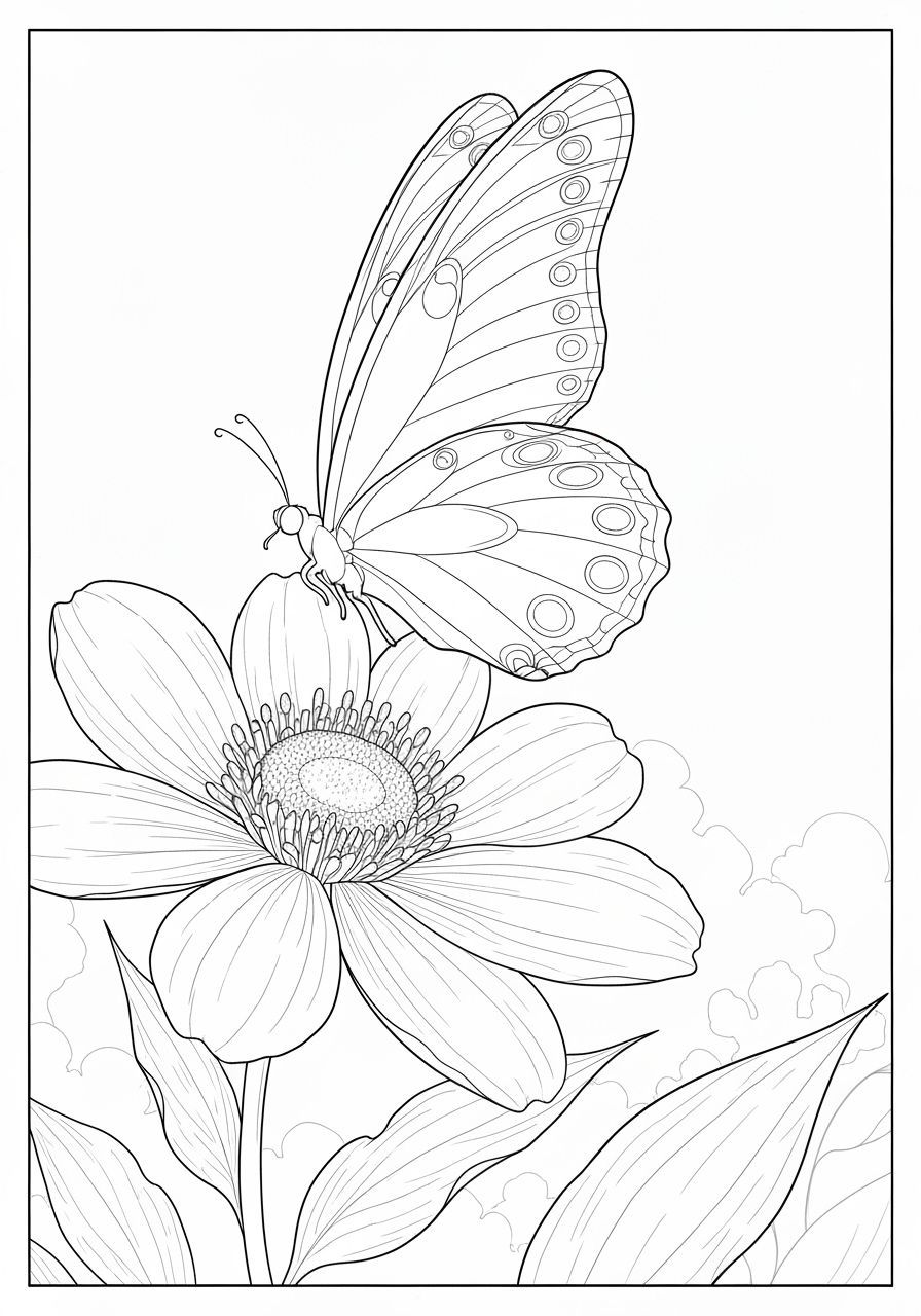 Butterfly on Flower Line Art Coloring Page