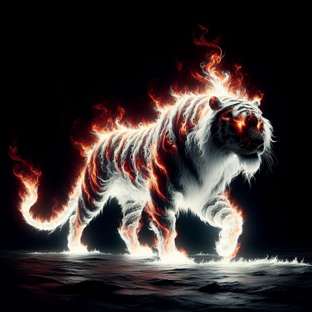 Mythical Tiger Made of Red and White Flames