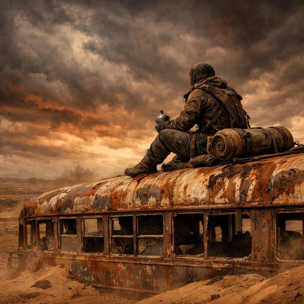 Wasteland Wanderer on Abandoned Bus in Stormy Sky