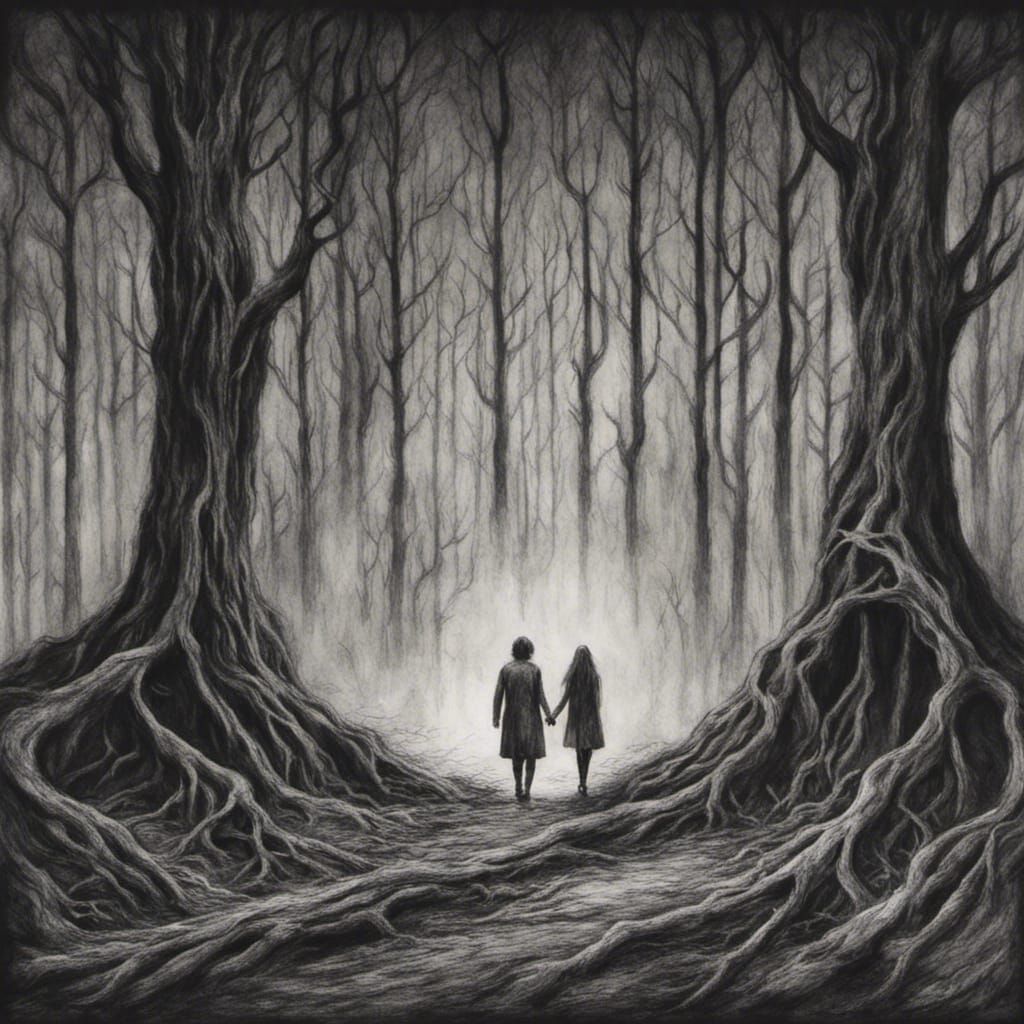 Horror. Ominous setting. Two people stand holding hands on t...