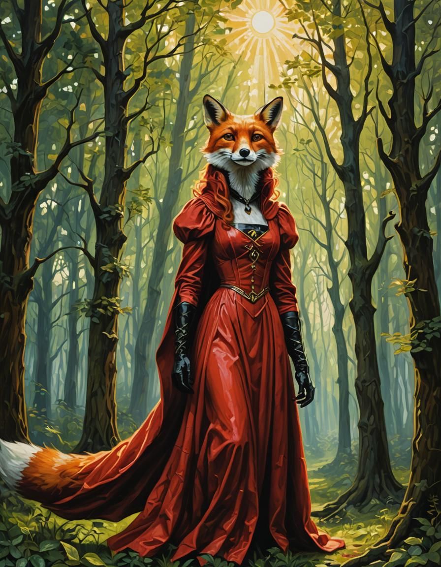Female Fox in Forest: Oil Painting