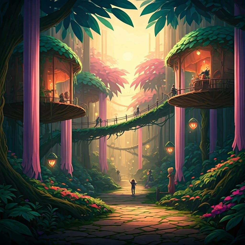 Just beyond the market lies a suspended grove of glowing silk hammocks and vine-wrapped gazebos, homes cradled between b...