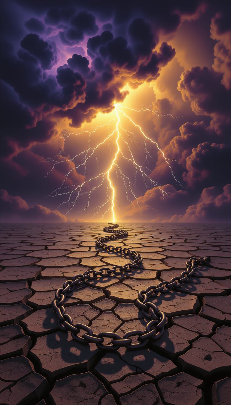 Broken Necklace Chain Amidst Golden Lightning Storm