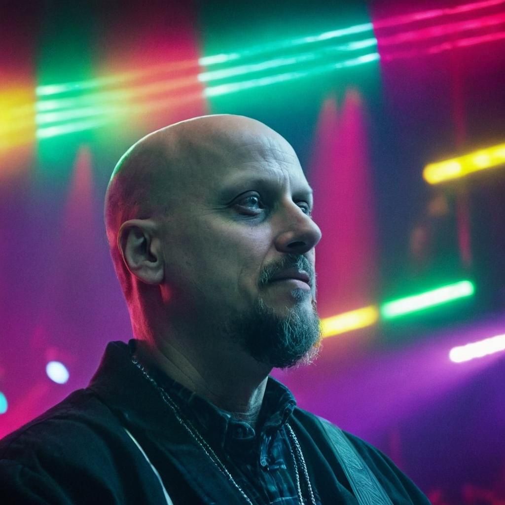 Musician on Stage with Neon Lights, Cinematic Film Still