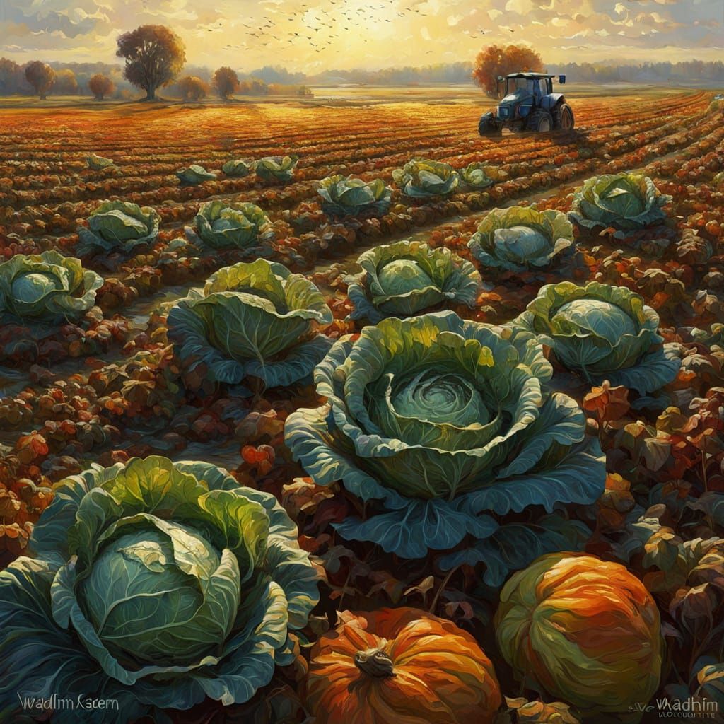 Autumn Harvest Cabbage Field at Evening Sun
