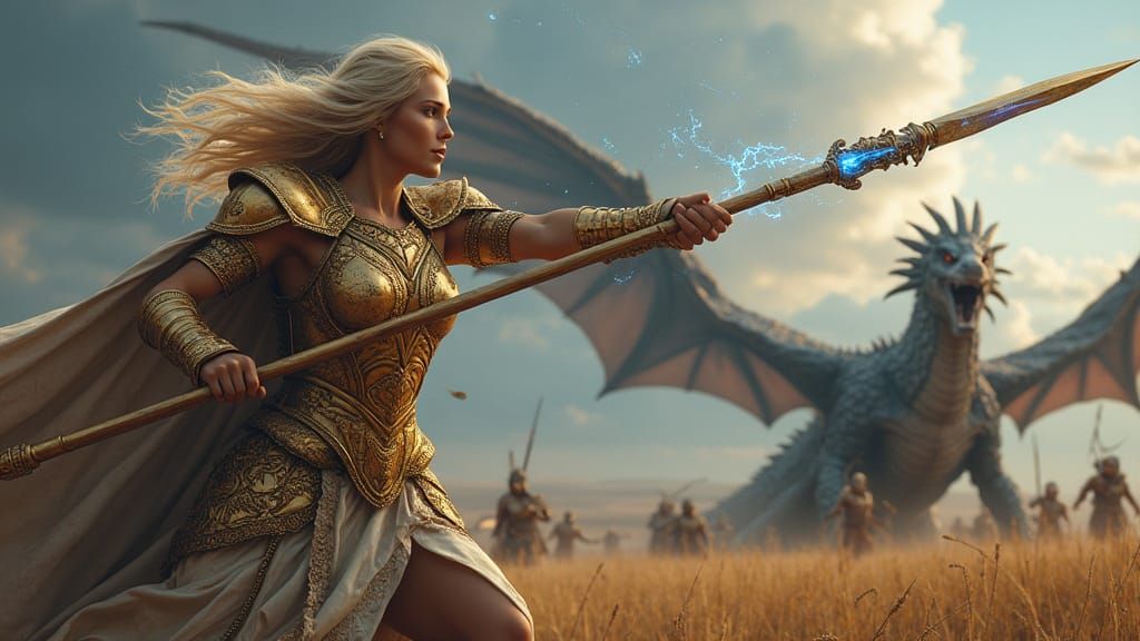 Warrior Princess Battles Dragon in Medieval Battle
