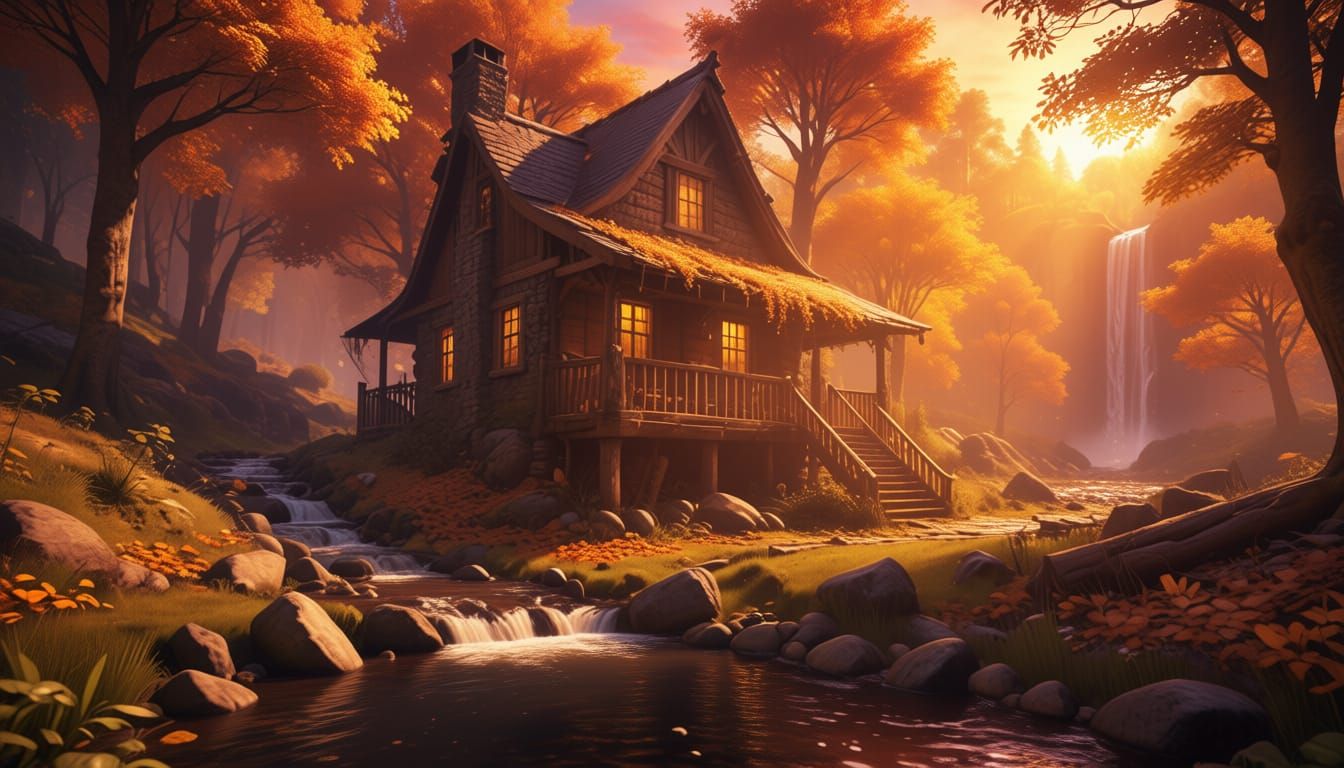 Autumn Cottage by Waterfall Creek in Evening Light