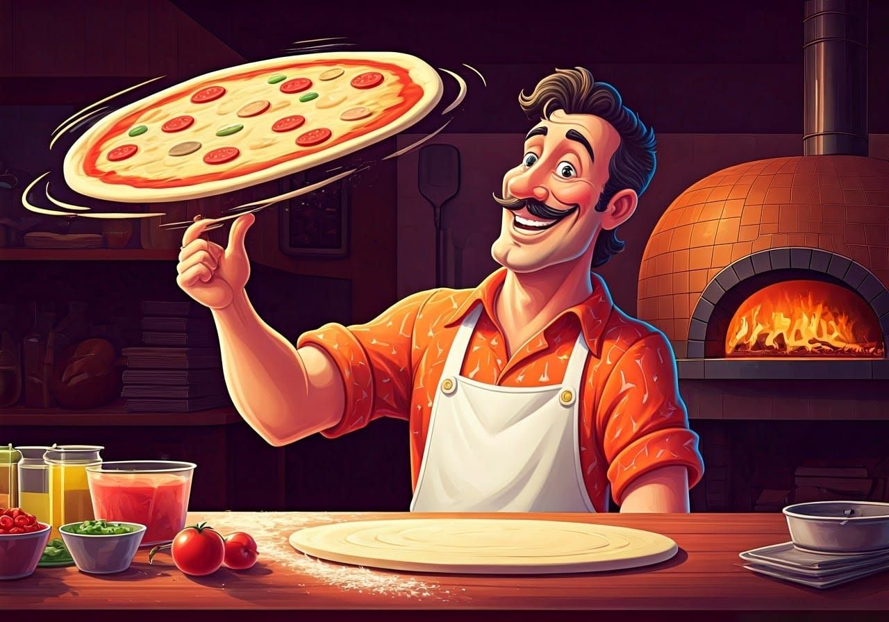 Psychedelic Cartoon Pizza Chef in Yellow Submarine Style